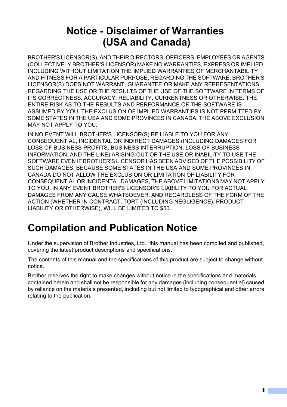 Notice - disclaimer of warranties (usa and canada), Compilation and  publication notice | Brother Printer DCP-J140W User Manual | Page 5 / 76 |  Original mode