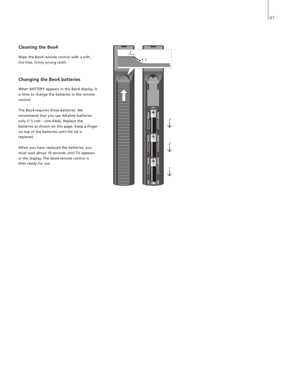 Cleaning the beo4, Changing the beo4 batteries | Bang & Olufsen BeoVision  3-28 - User Guide User Manual | Page 47 / 52