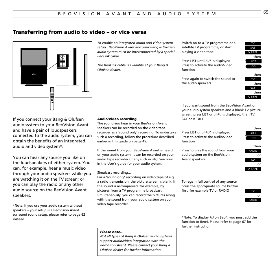 Transferring from audio to video – or vice versa | Bang & Olufsen BeoVision  Avant (1995-2005) - User Guide User Manual | Page 65 / 72 | Original mode