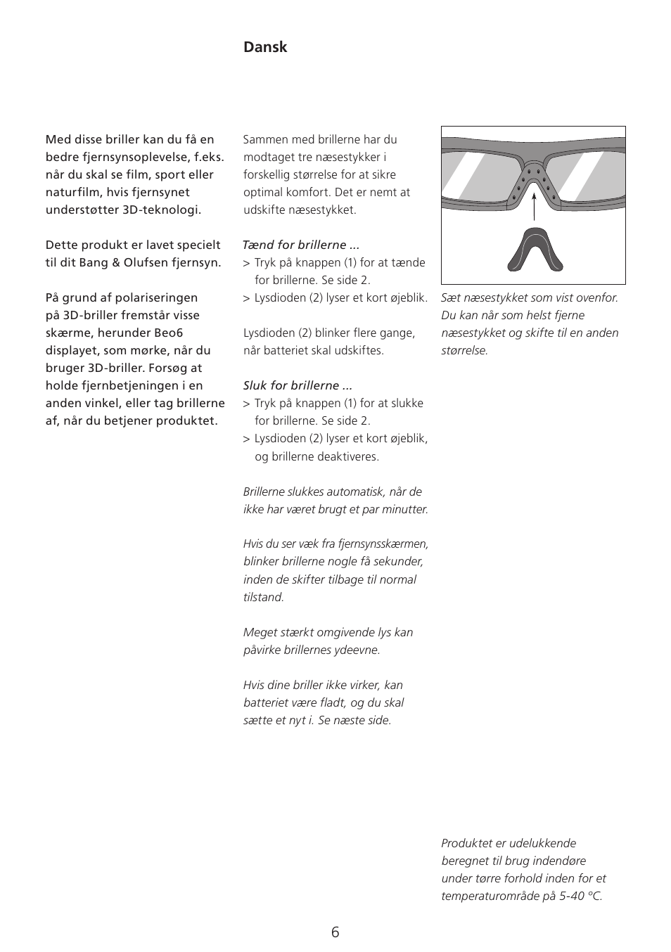 Dansk (danish) , 6, Dansk | Bang & Olufsen 3D Glasses - User Guide User  Manual | Page 6 / 59