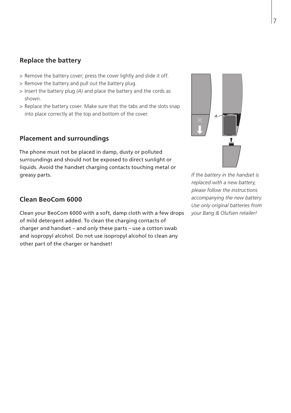 Replace the battery, Placement and surroundings, Clean beocom 6000 | Bang &  Olufsen BeoCom 6000 - User Guide User Manual | Page 7 / 56