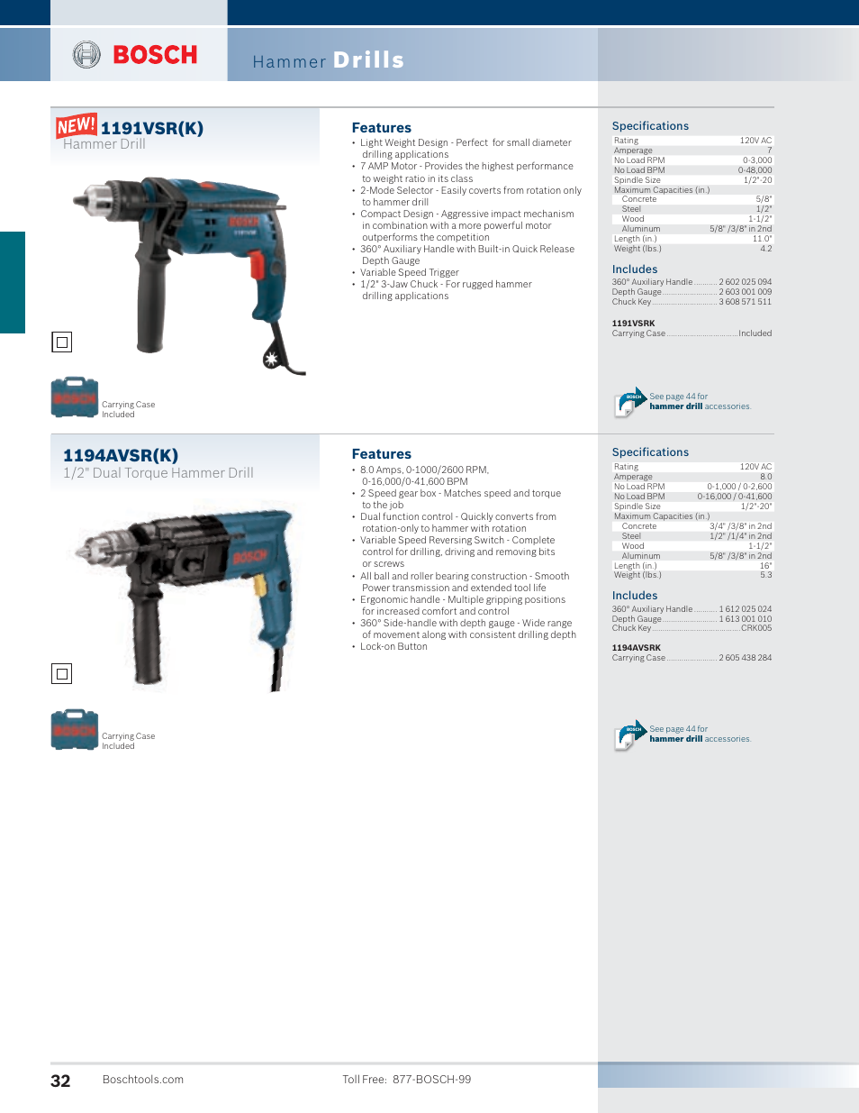 Drills, 1194avsr(k), 1191vsr(k) | Bosch 11255VSR User Manual | Page 4 / 24