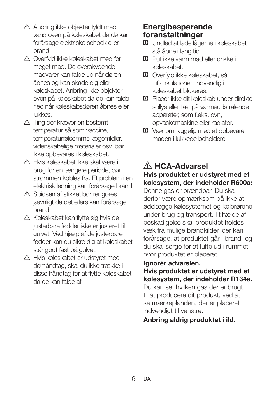 Hca-advarsel, Energibesparende foranstaltninger | Blomberg DNE 9840 A+ User  Manual | Page 64 / 95 | Original mode