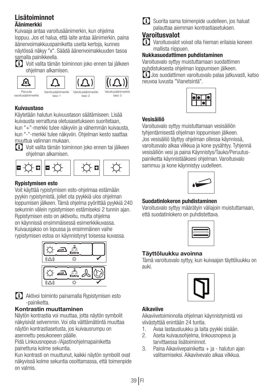 Lisätoiminnot, Varoitusvalot | Blomberg TKF 8451 SGC 30 User Manual | Page  39 / 48