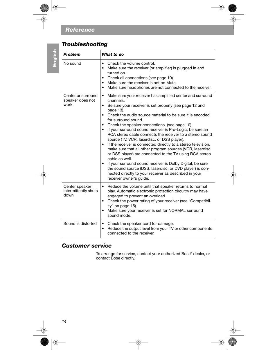 customer service | Bose VCS-10 User Manual | Page 14 / 116 | Original