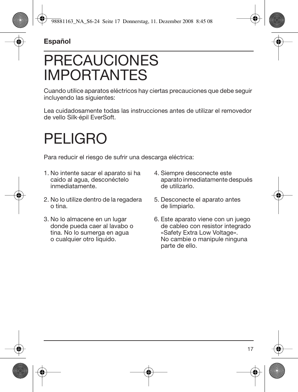 Precauciones importantes, Peligro | Braun SILK-EPIL 5316 User Manual | Page  16 / 21 | Original mode