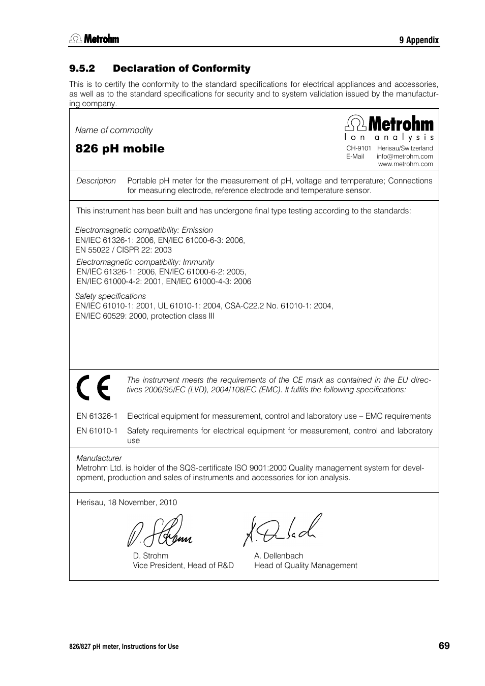 2 declaration of conformity, Declaration of conformity, 826 ph mobile | Metrohm  827 pH lab User Manual | Page 77 / 82 | Original mode