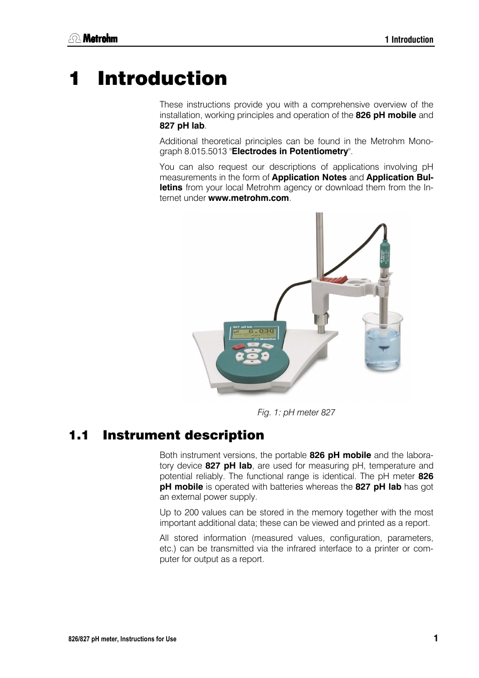 1 introduction, 1 instrument description, Introduction | Metrohm 827 pH lab  User Manual | Page 9 / 82