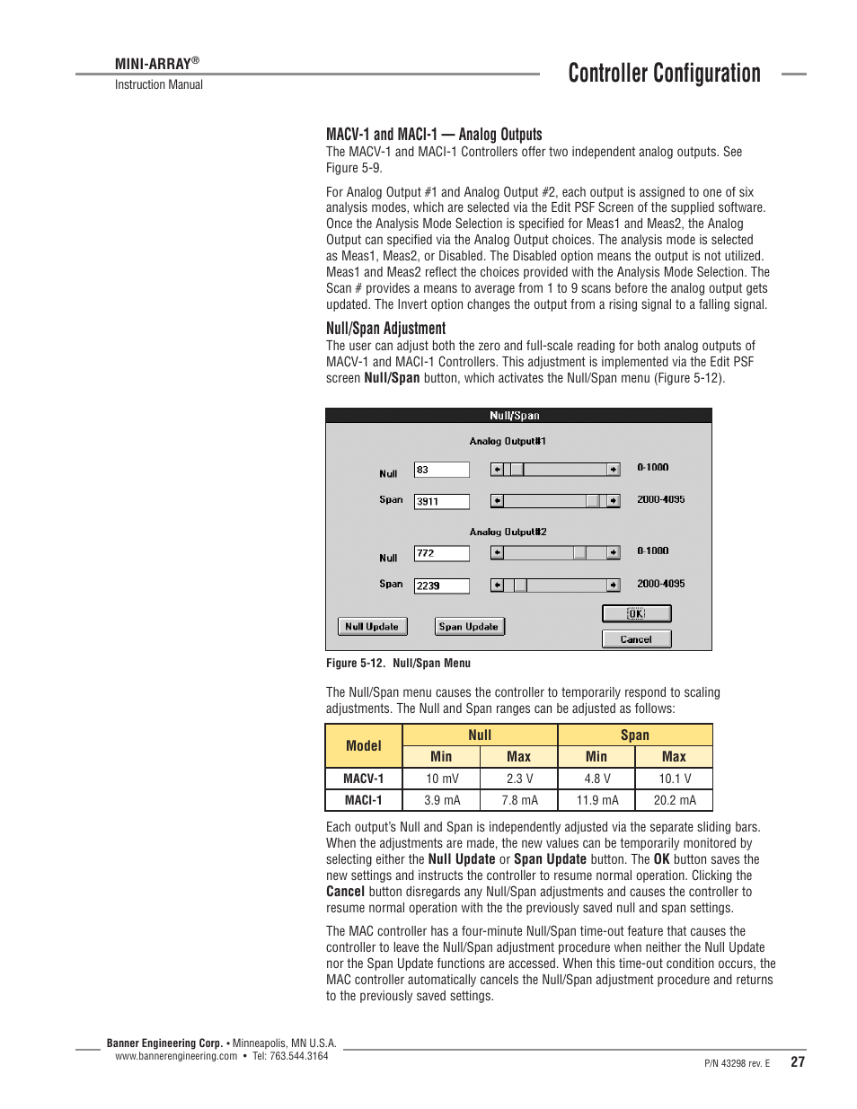 Controller configuration, Macv-1 and maci-1 — analog outputs, Null/span  adjustment | Banner A-GAGE MINI-ARRAY Series User Manual | Page 27 / 44 |  Original mode