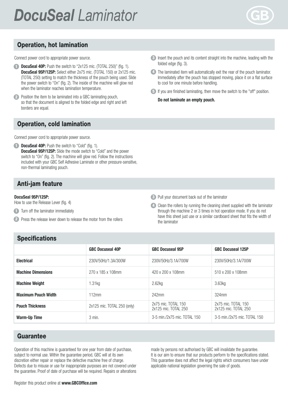 Docuseal laminator, Anti-jam feature, Operation, hot lamination | GBC  DocuSeal Laminator User Manual | Page 4 / 28