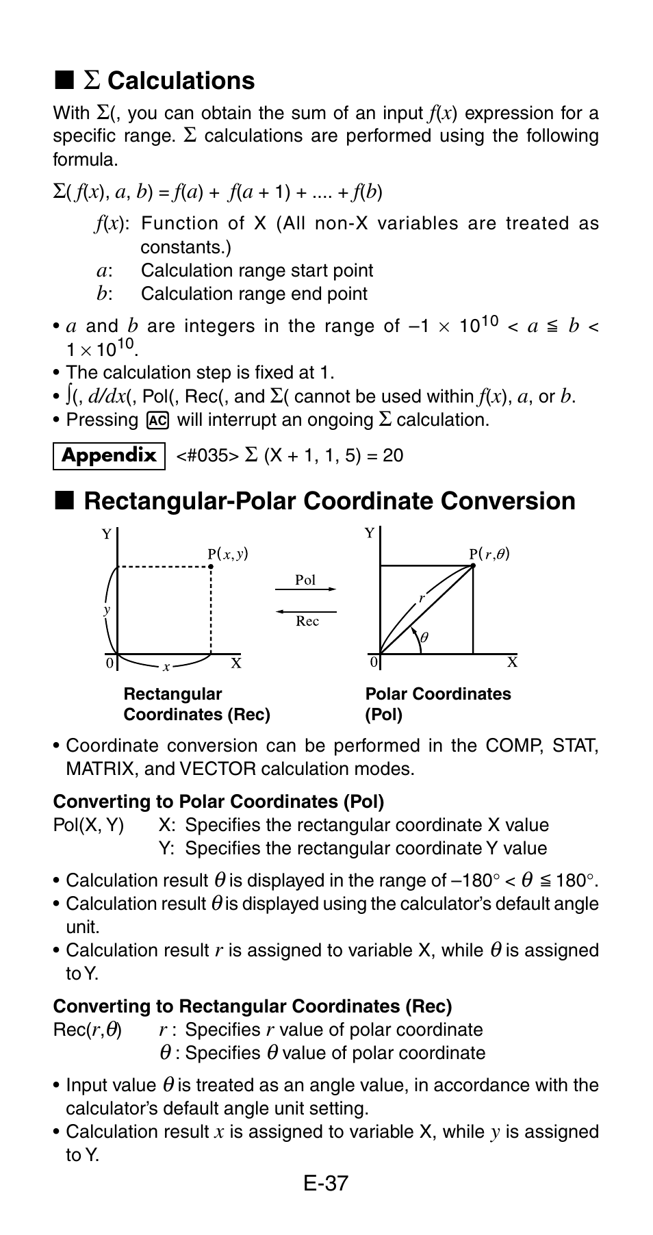 Calculations, K rectangular-polar coordinate conversion | Casio fx-115ES  User Manual | Page 39 / 75
