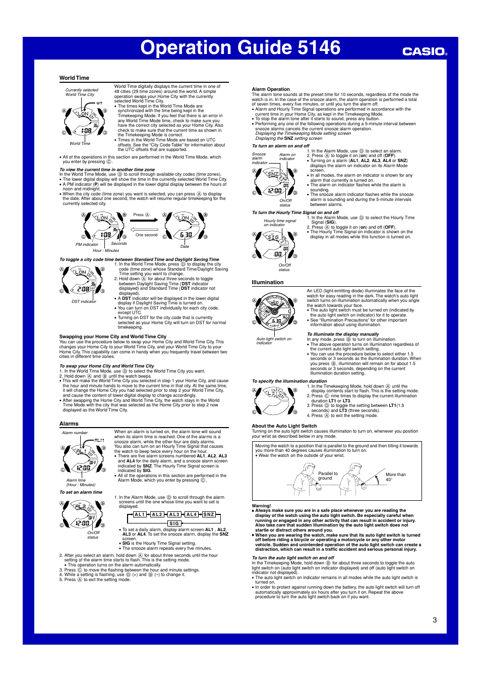 World time, Alarms, Illumination | Casio 5146 User Manual | Page 3 / 4 |  Original mode
