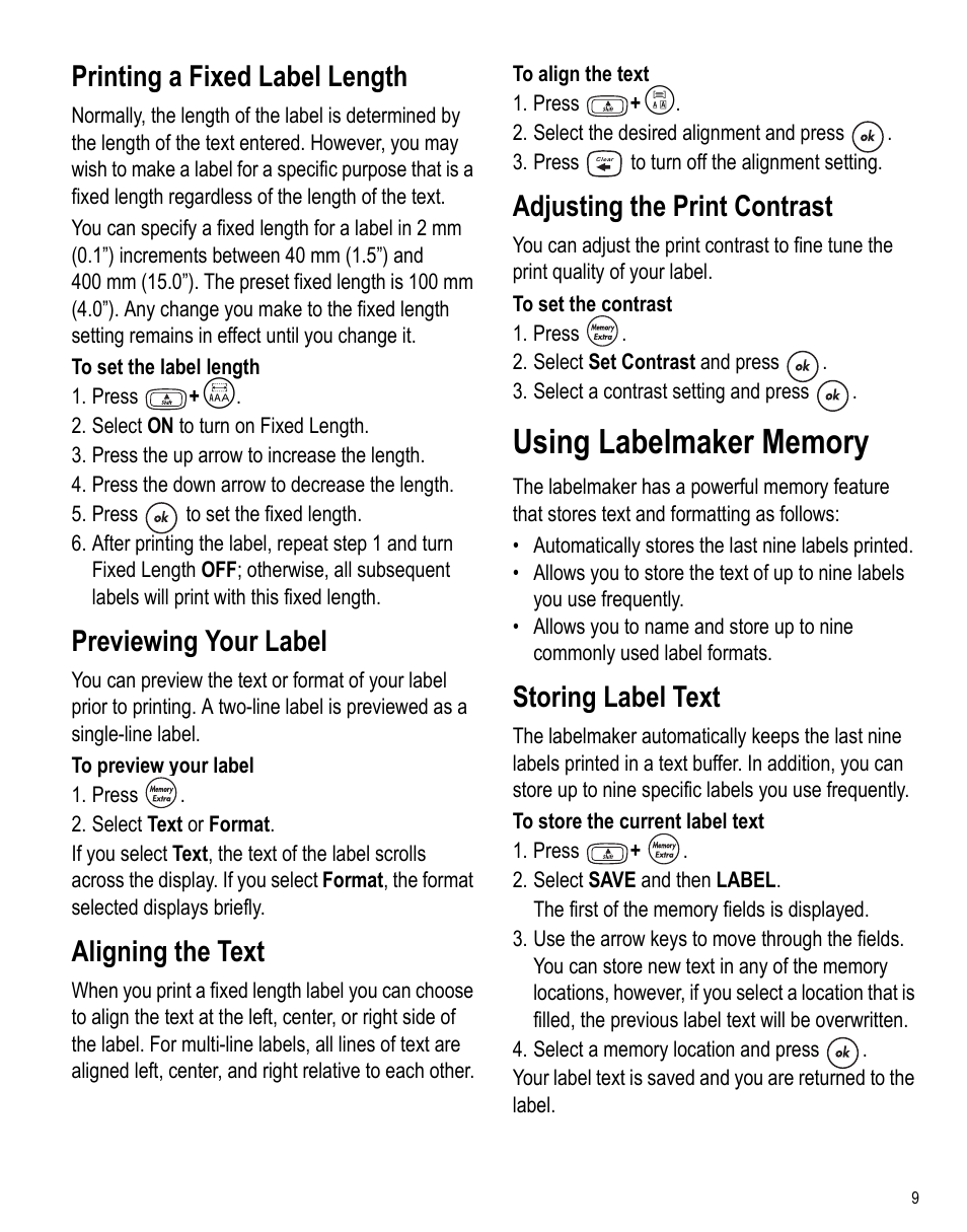 Printing a fixed label length, Previewing your label, Aligning the text | Dymo  LabelPoint 250 User Manual | Page 8 / 12 | Original mode