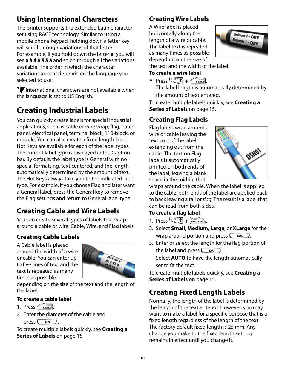 Using international characters, Creating industrial labels, Creating cable  and wire labels | Dymo Rhino 5200 User Manual | Page 10 / 24 | Original mode