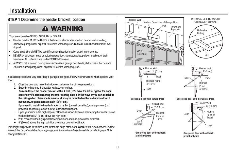 Step 1 determine the header bracket location, Installation ...