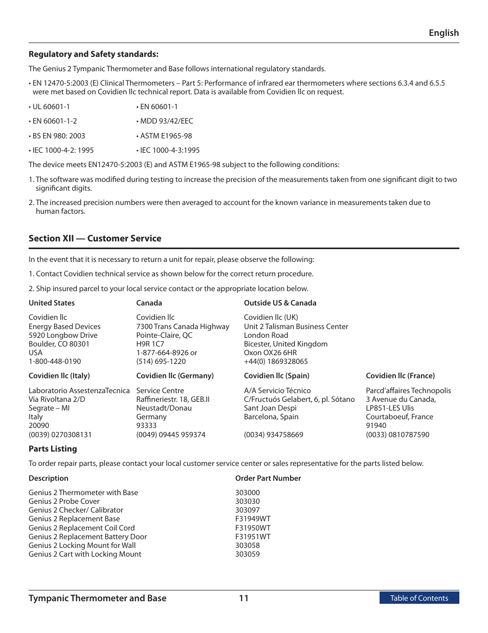 Section xii, Customer service | COVIDIEN Genius™ 2 Tympanic Thermometer  User Manual | Page 14 / 19