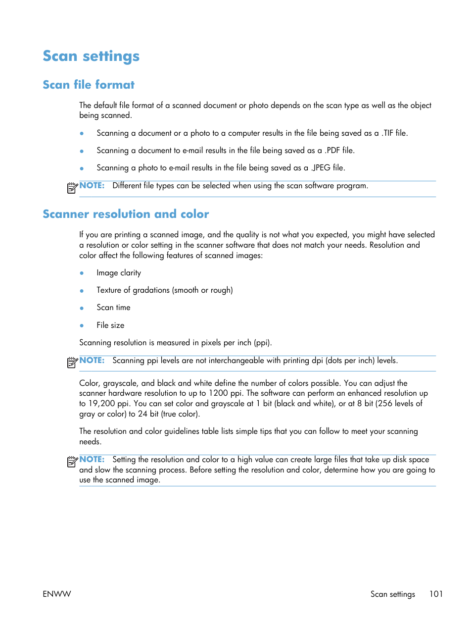 Scan settings, Scan file format, Scanner resolution and color | HP laserjet  m1212nf User Manual | Page 115 / 284