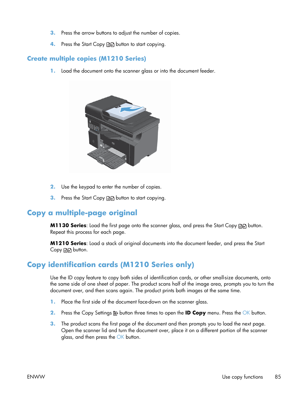 Create multiple copies (m1210 Copy identification cards (m1210 series only), Copy a multiple-page original | HP m1212nf Manual | Page / 284