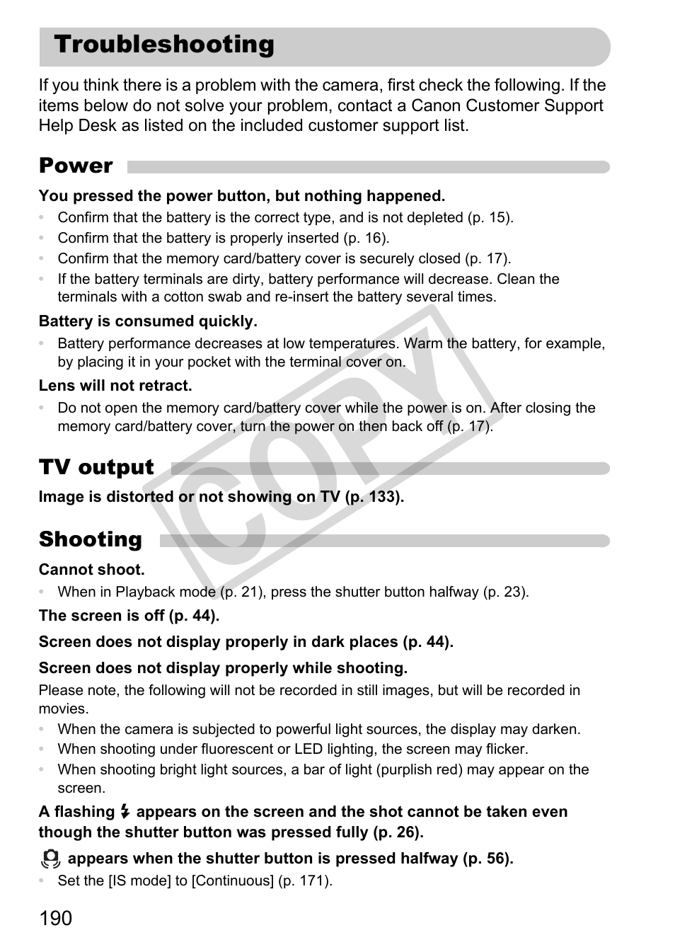 Troubleshooting, Cop y | Canon PowerShot G12 User Manual | Page 190 / 214 |  Original mode