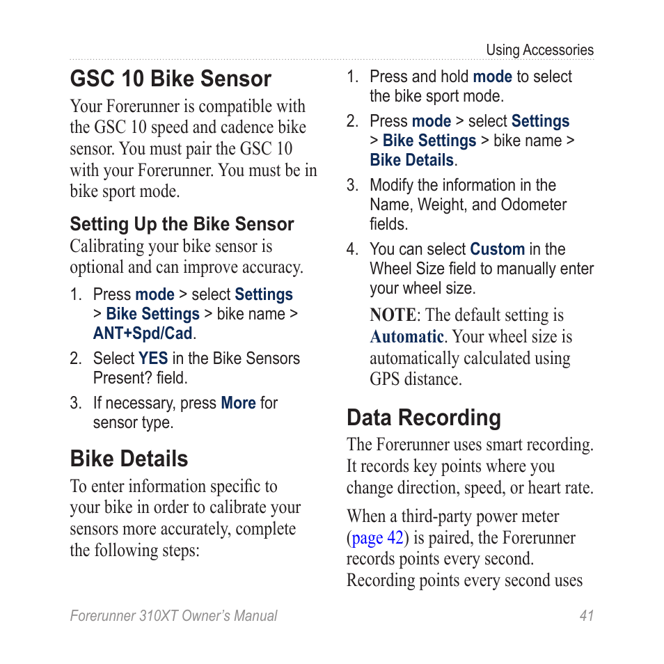 Gsc 10 bike Bike details, Data recording | Forerunner 310XT User | Page / 56