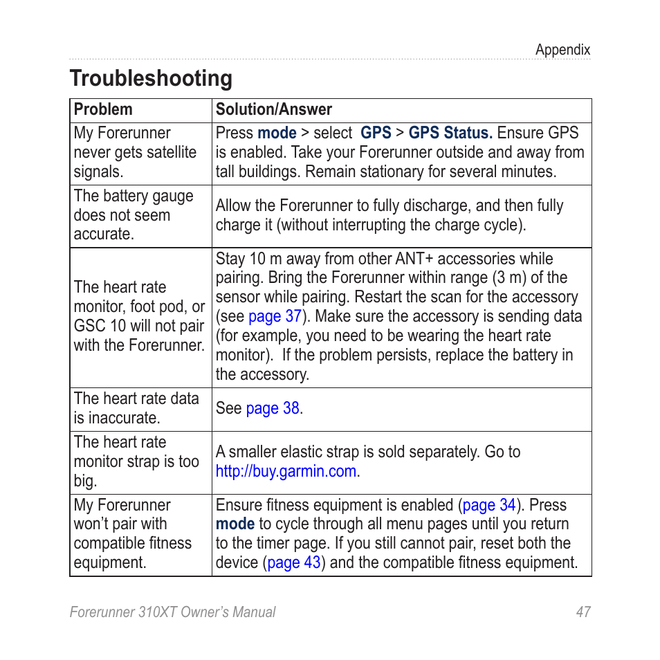 Troubleshooting | Garmin Forerunner 310XT User Manual Page 51 / 56