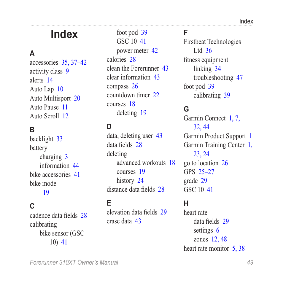 Index | Garmin Forerunner 310XT User Manual | Page 53 / 56