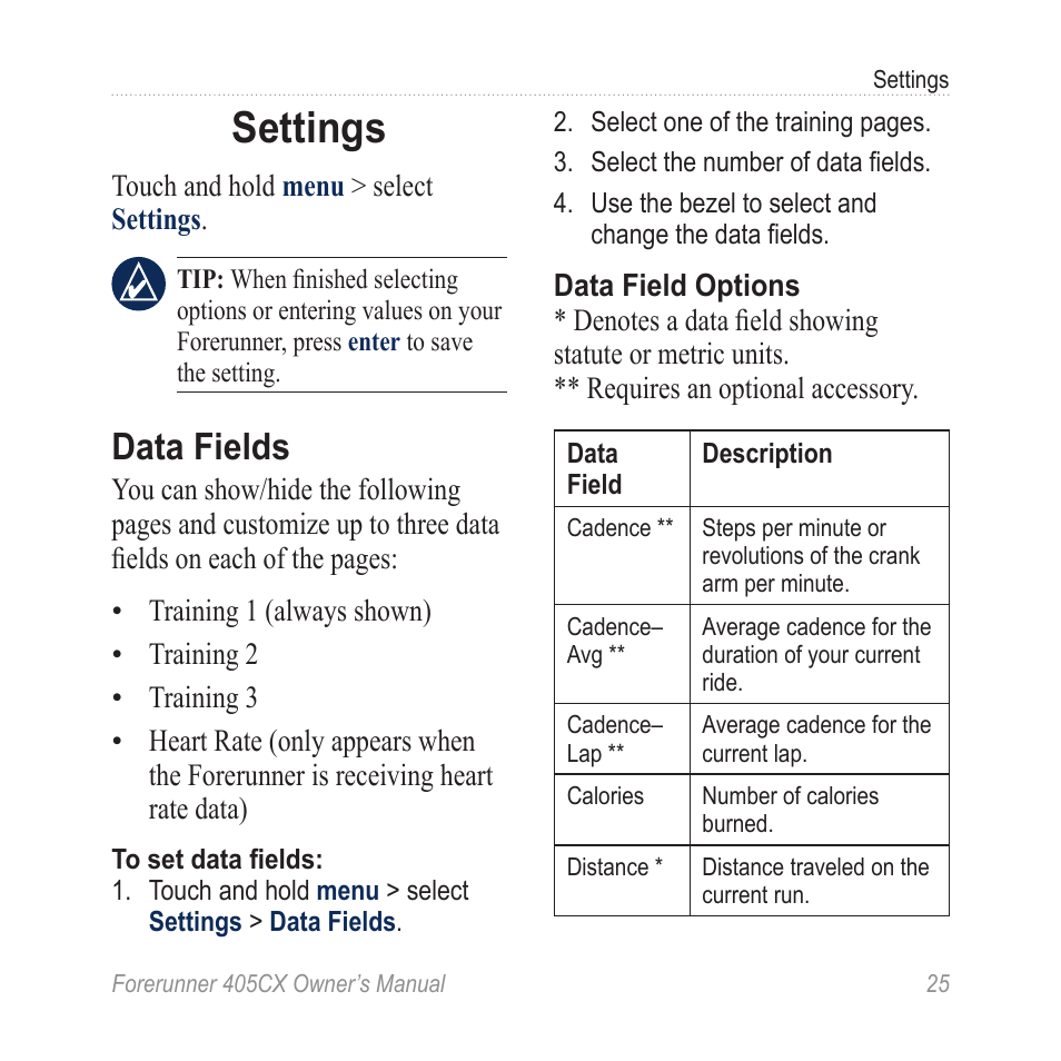 Settings, Data fields | Garmin Forerunner 405 CX User Manual | Page 31 / 56  | Original mode