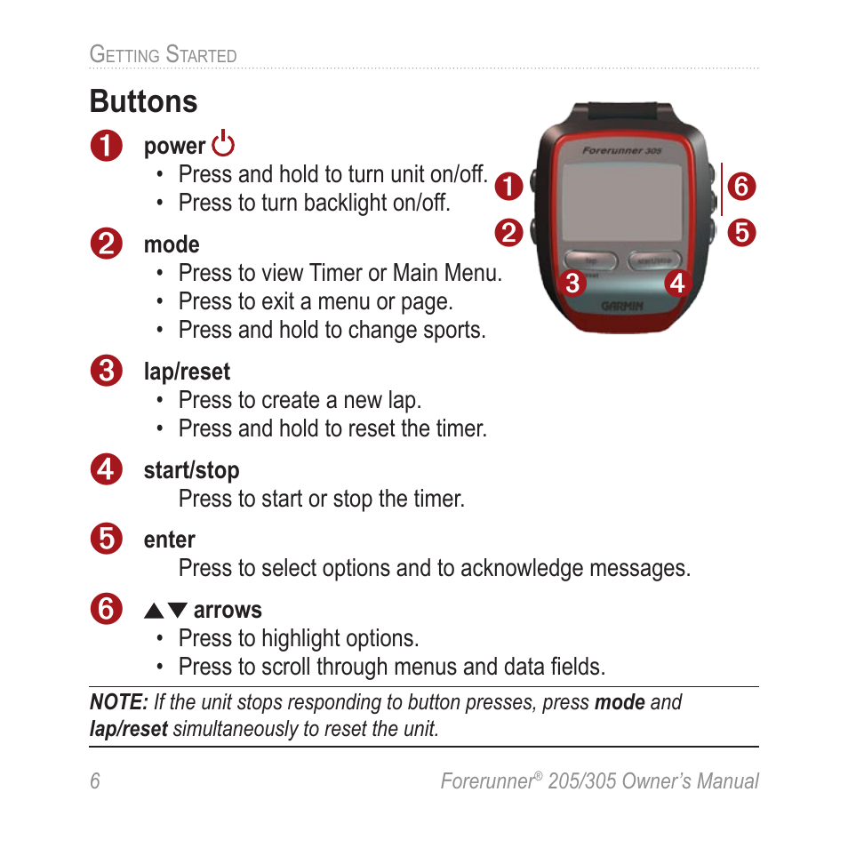 Buttons | Garmin Forerunner 305 User Manual | Page 10 / 80