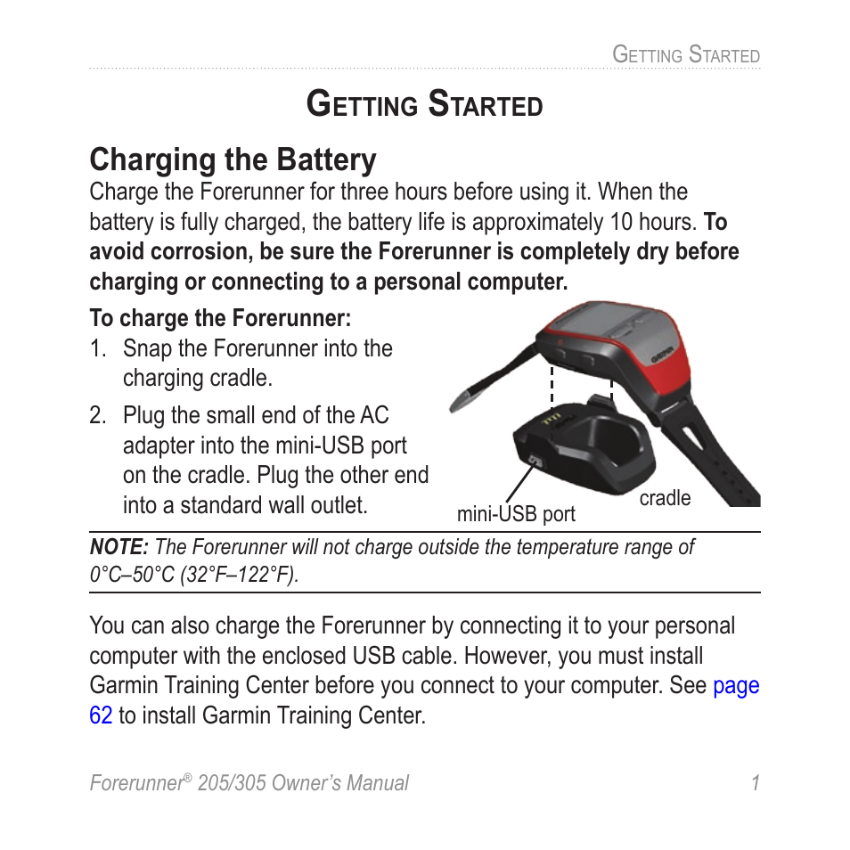 Getting started, Charging the battery | Garmin Forerunner 305 User Manual |  Page 5 / 80