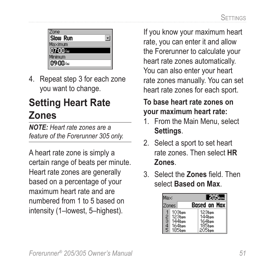 Setting heart rate zones | Garmin Forerunner 305 User Manual | Page 55 / 80