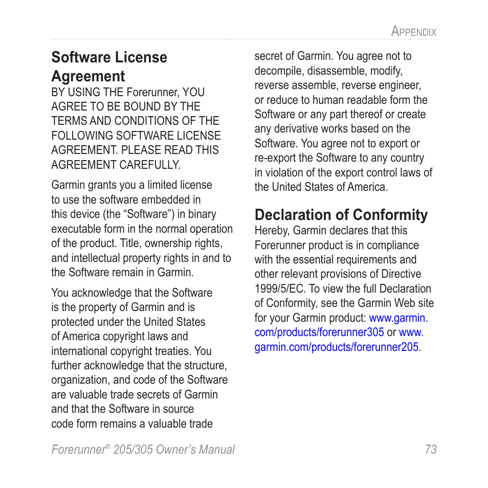 Software license agreement, Declaration of conformity | Garmin Forerunner  305 User Manual | Page 77 / 80 | Original mode