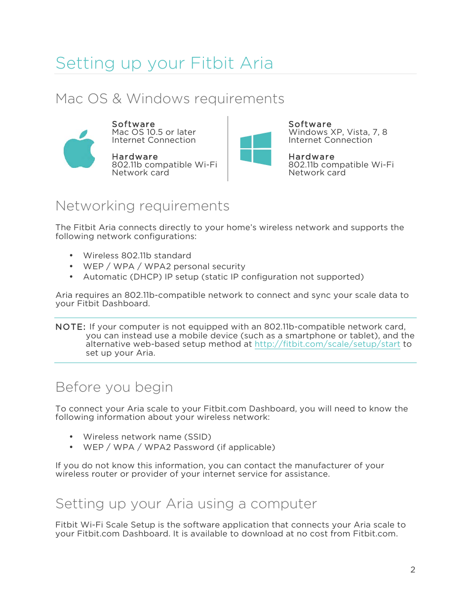 Setting up your fitbit aria, Mac os & windows requirements, Networking  requirements | Fitbit Aria User Manual | Page 5 / 19