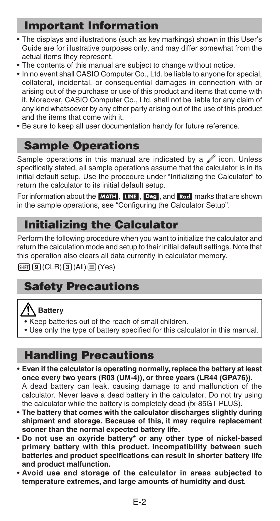 Important information, Sample operations, Initializing the calculator | Casio  FX-85GT PLUS User Manual | Page 3 / 32
