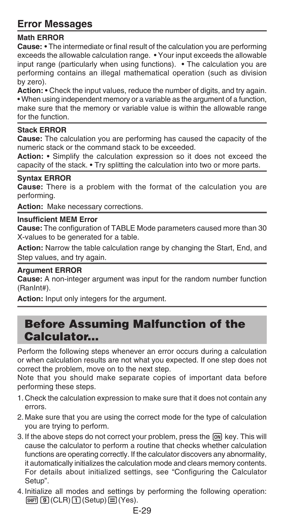 Before assuming malfunction of the calculator, Error messages | Casio  FX-85GT PLUS User Manual | Page 30 / 32