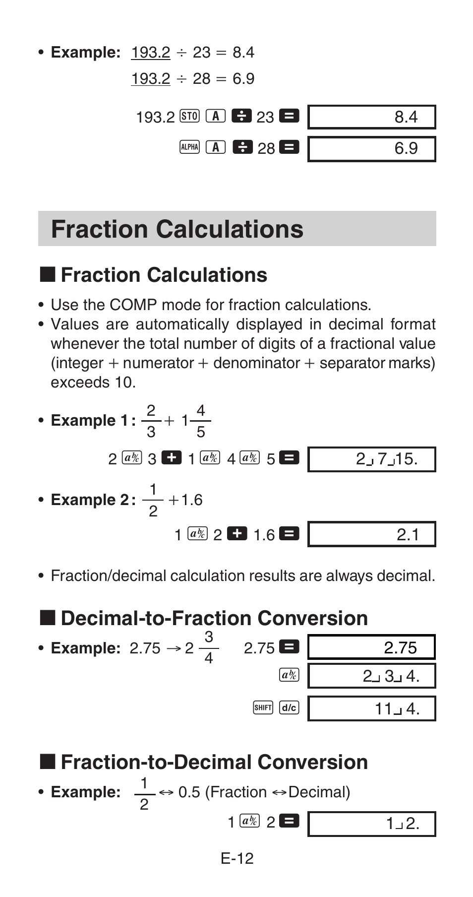 Fraction calculations, K fraction calculations, K decimal-to-fraction  conversion | Casio fx-85WA User Manual | Page 14 / 36 | Original mode