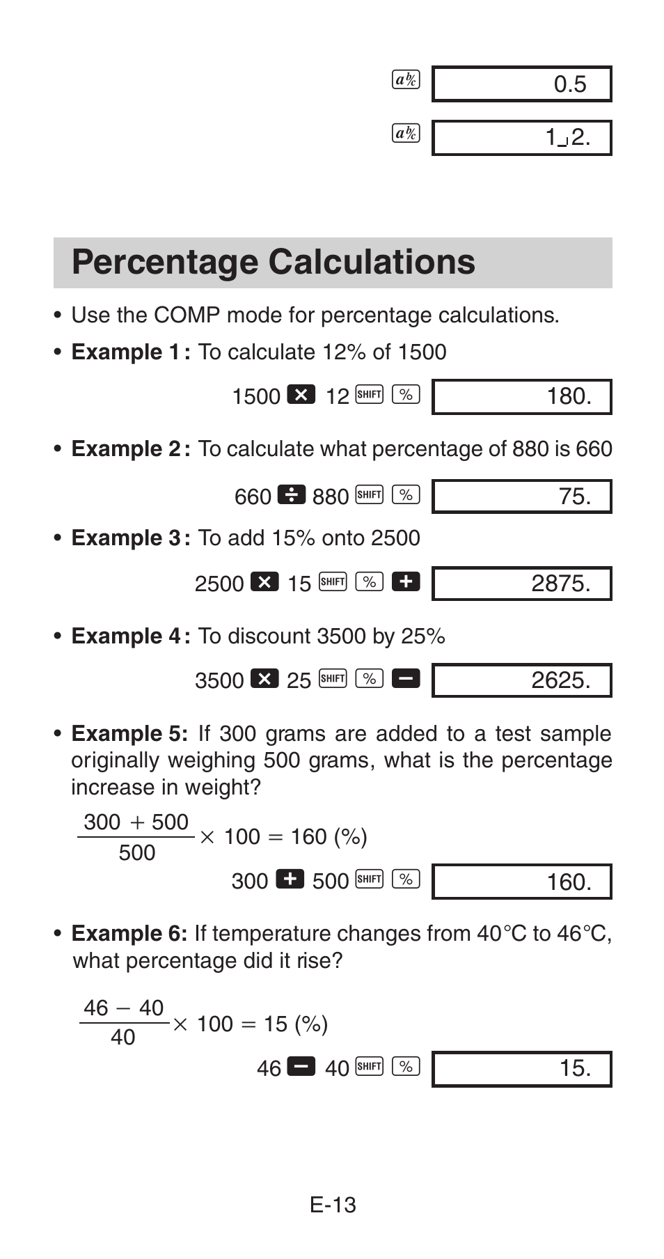 Percentage calculations | Casio fx-85WA User Manual | Page 15 / 36
