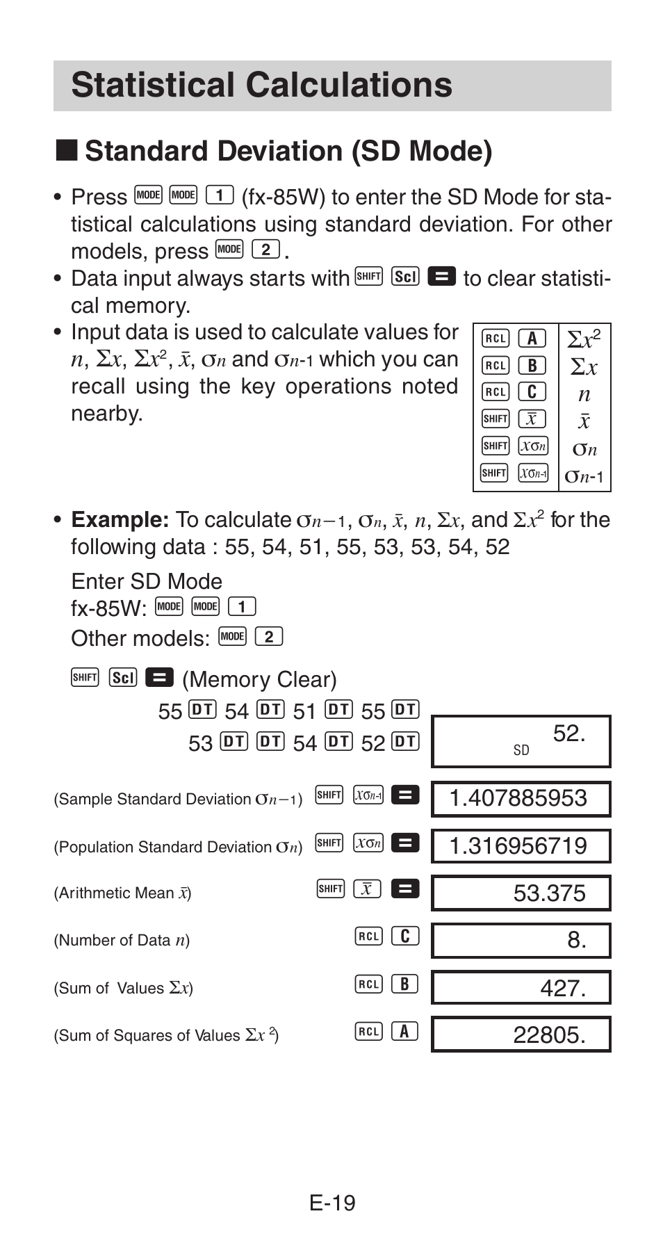 Statistical calculations, K standard deviation (sd mode) | Casio fx-85WA  User Manual | Page 21 / 36