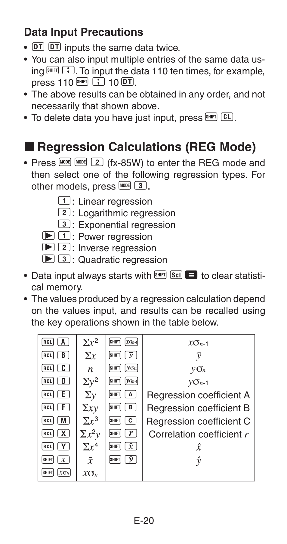 K regression calculations (reg mode) | Casio fx-85WA User Manual | Page 22  / 36 | Original mode