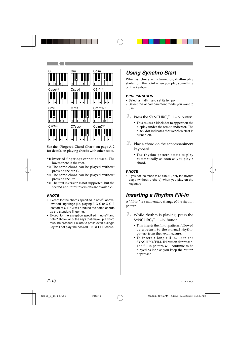 Using synchro start, Inserting a rhythm fill-in, E-18 | Casio MA-150 User  Manual | Page 20 / 43 | Original mode