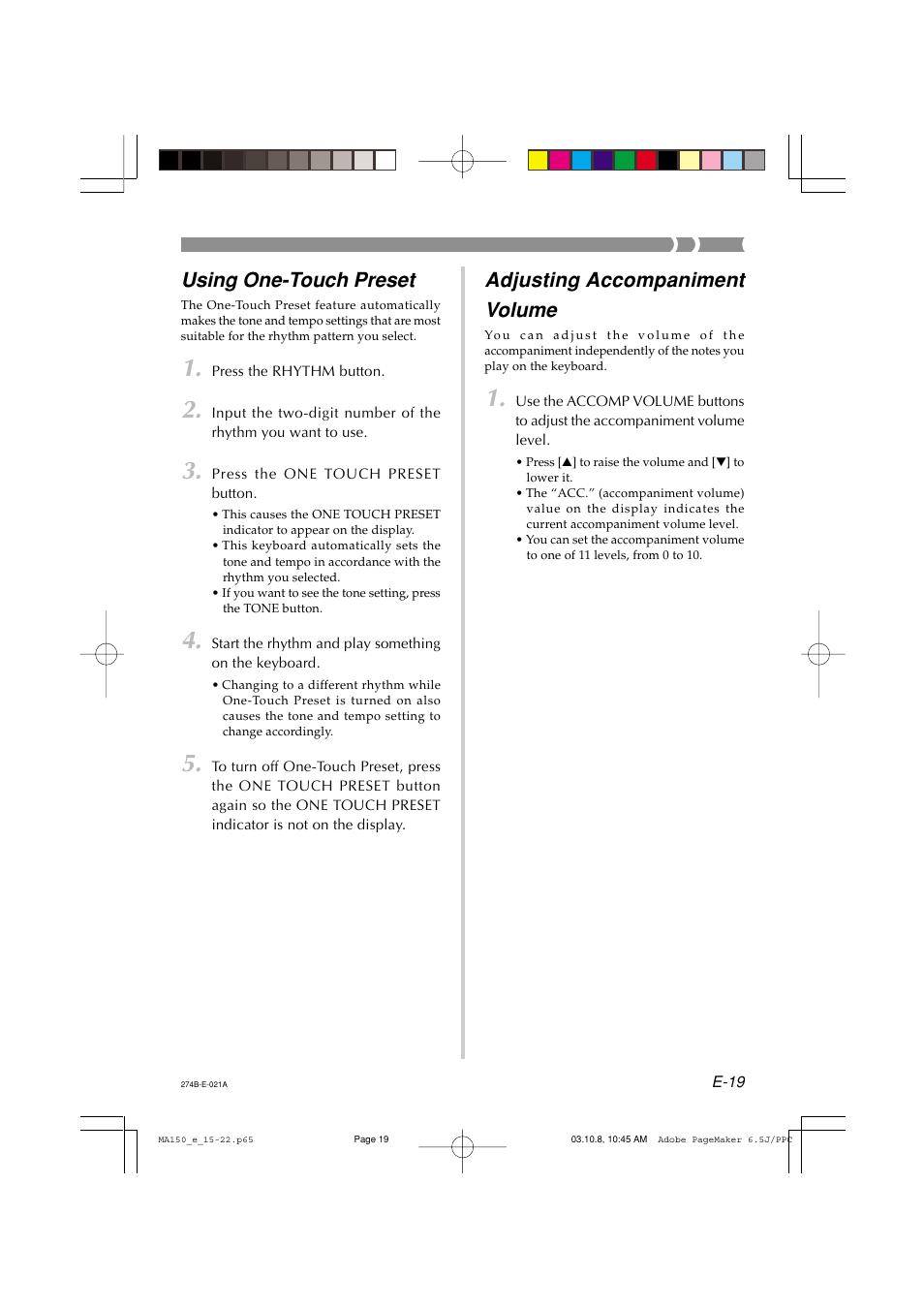 Using One Touch Preset Adjusting Accompaniment Volume Casio Ma 150 User Manual Page 21 43