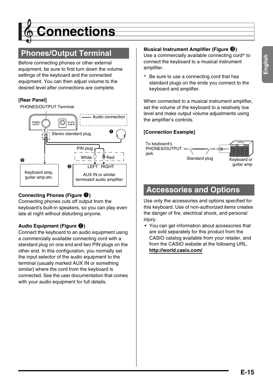 Connections, Phones/output terminal, Accessories and options | Casio CTK-245  User Manual | Page 17 / 46