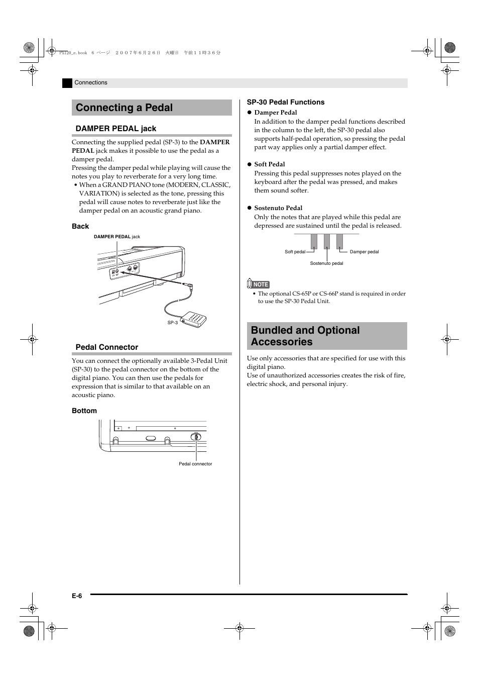 Connecting a pedal, Bundled and optional accessories | Casio privia PX-120  User Manual | Page 8 / 38 | Original mode