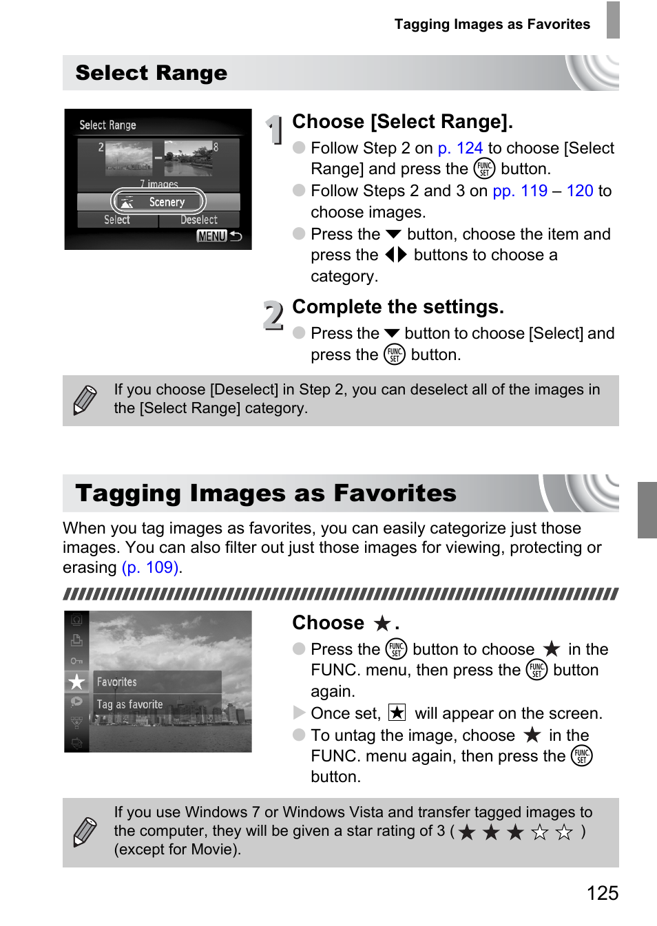 Tagging images as favorites, P. 125), Select range | Canon IXUS 130 User  Manual | Page 125 / 176