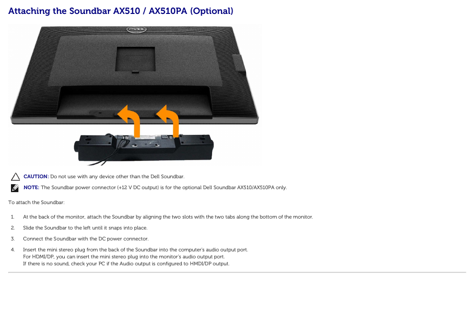 Attaching the soundbar ax510 / ax510pa (optional) | Dell U3014 Monitor User  Manual | Page 32 / 72