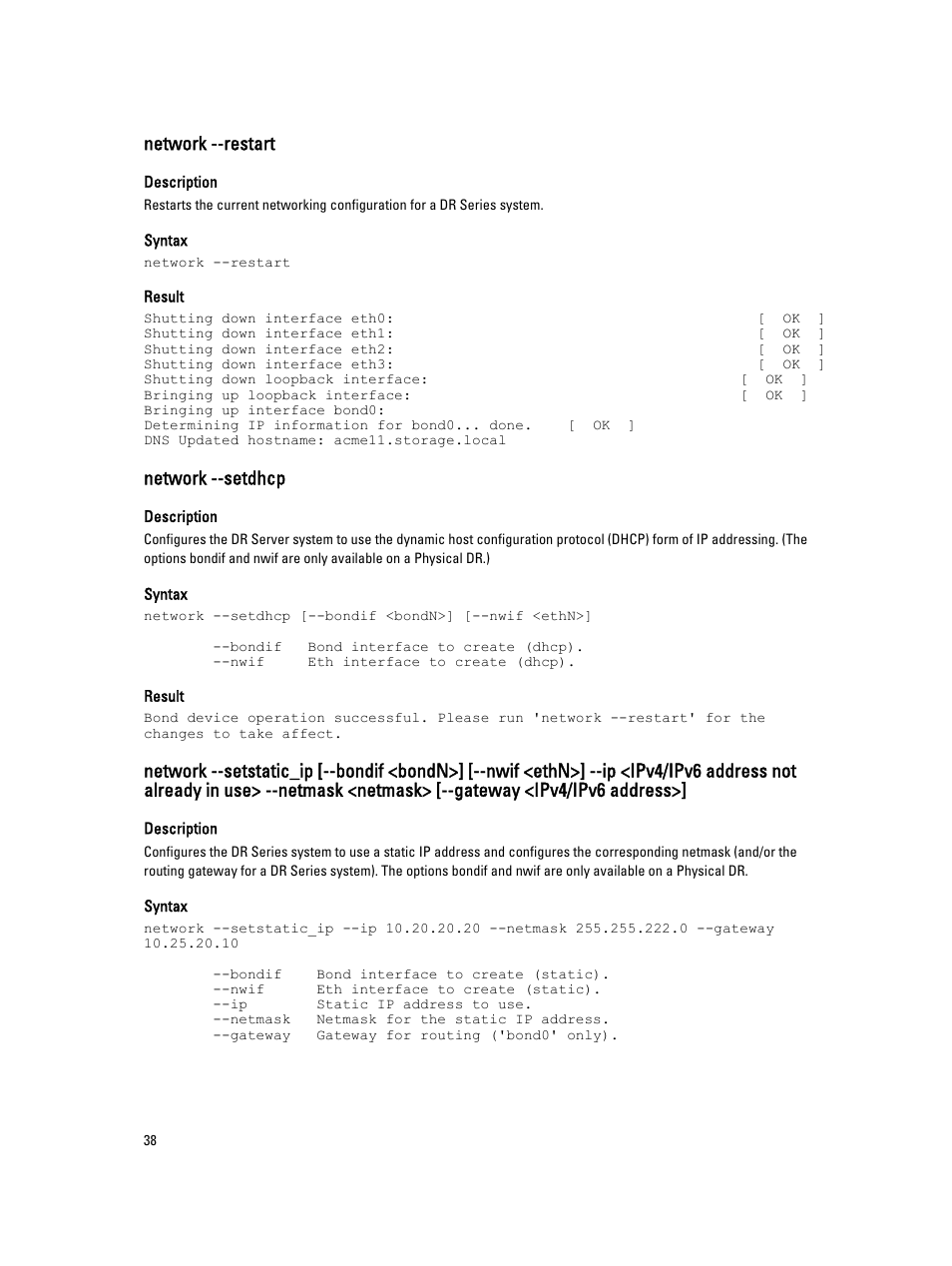 Network --restart, Network --setdhcp | Dell DR4000 User Manual | Page