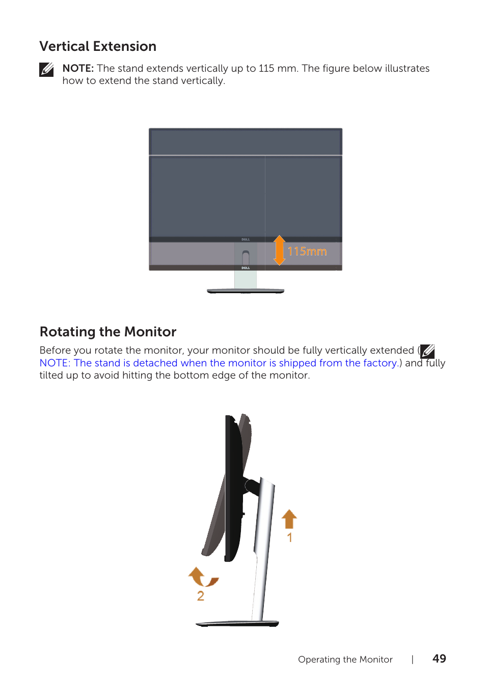 Vertical extension, Rotating the monitor | Dell U2715H Monitor User Manual  | Page 49 / 63