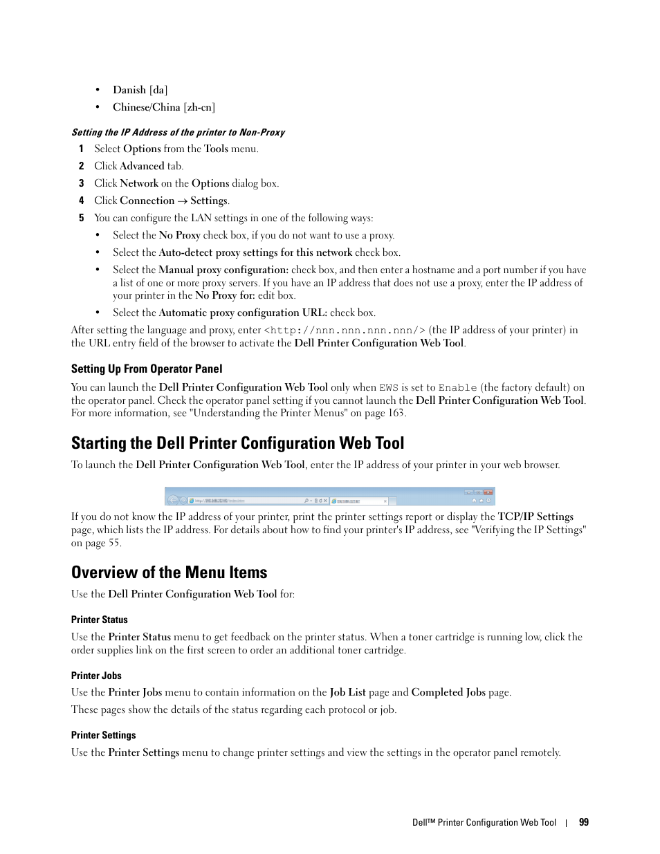 Setting up from operator panel, Starting the dell printer configuration web  tool, Overview of the menu items | Dell C1765NFW MFP Laser Printer User  Manual | Page 101 / 382