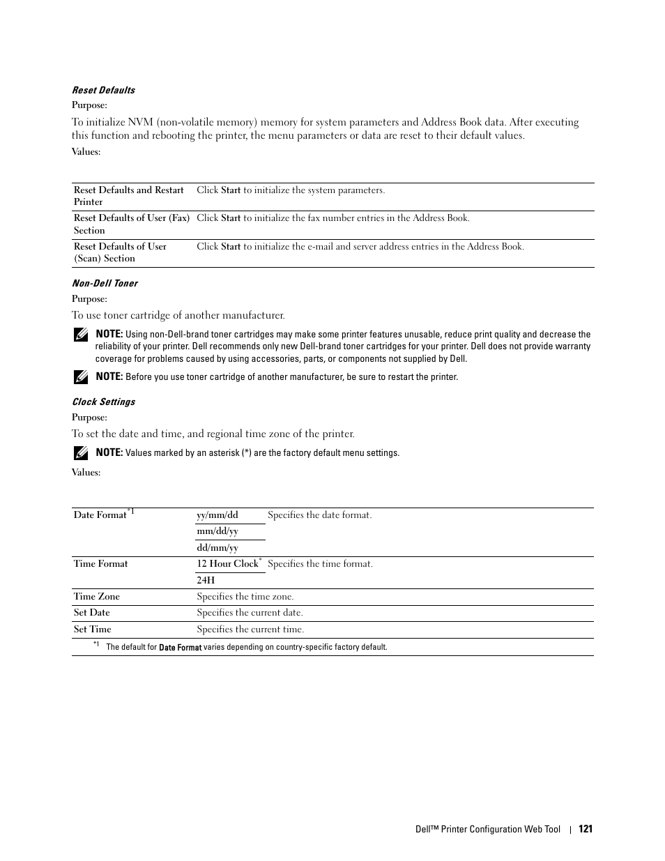 Reset defaults" "non-dell toner" "clock settings | Dell C1765NFW MFP Laser  Printer User Manual | Page 123 / 382