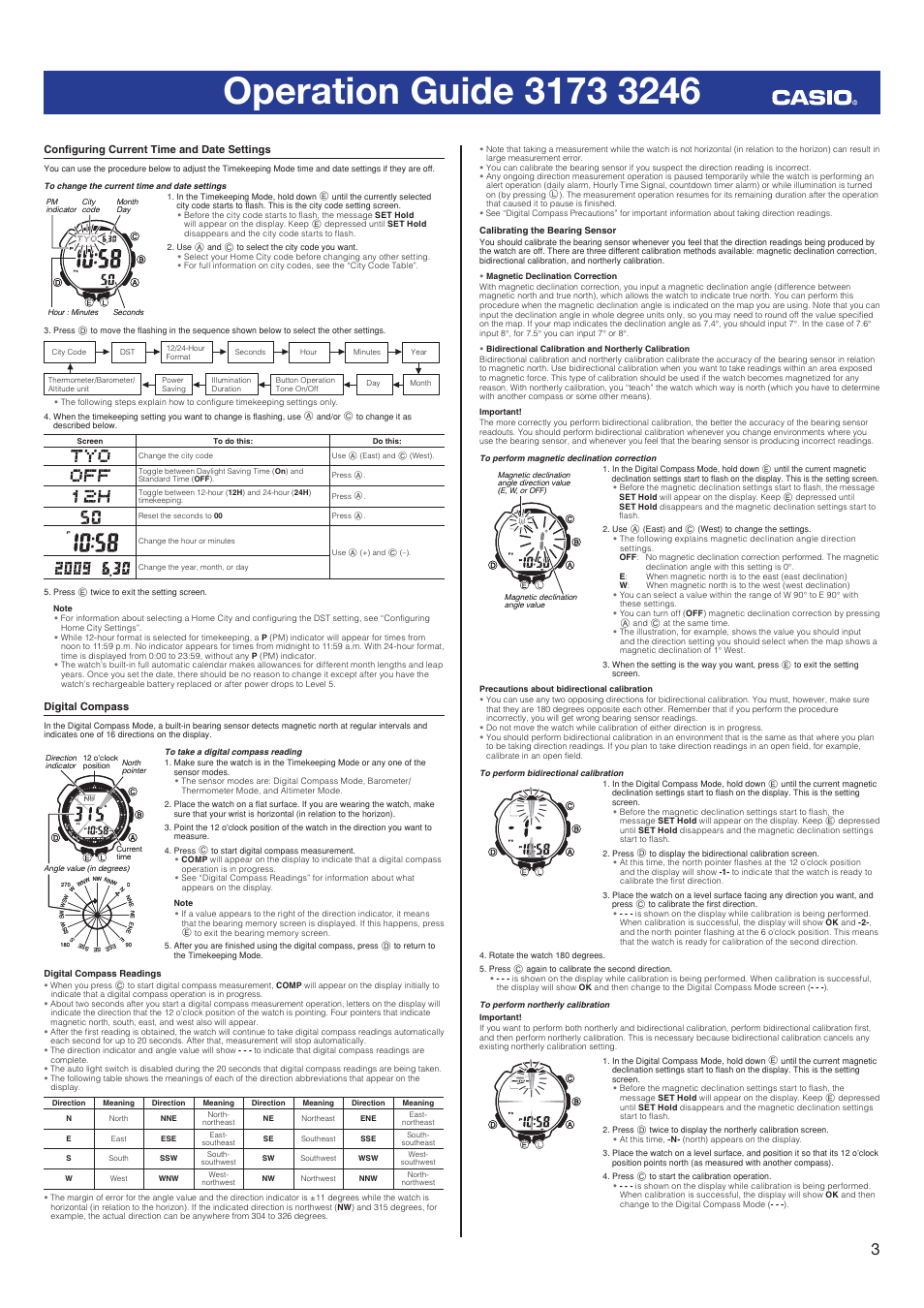 Configuring current time and date settings, Digital compass | Casio 3246  User Manual | Page 3 / 10 | Original mode