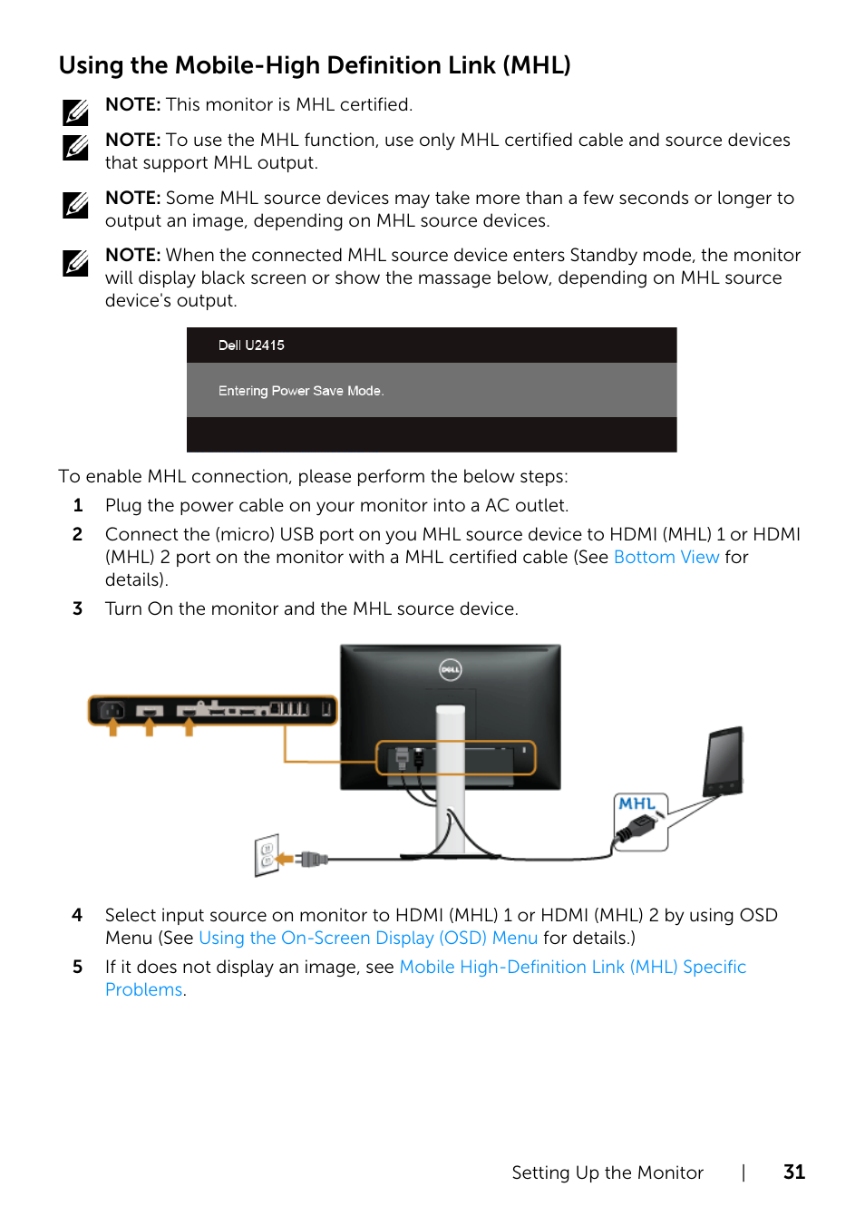 Using the mobile-high definition link (mhl) | Dell U2415 Monitor User  Manual | Page 31 / 65